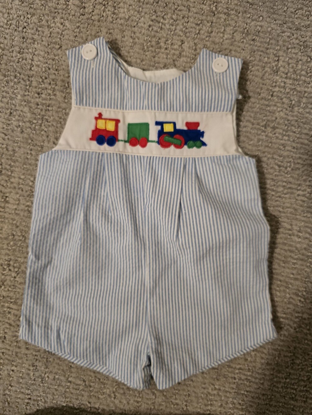Vintage Striped Blue & White Baby Train Romper